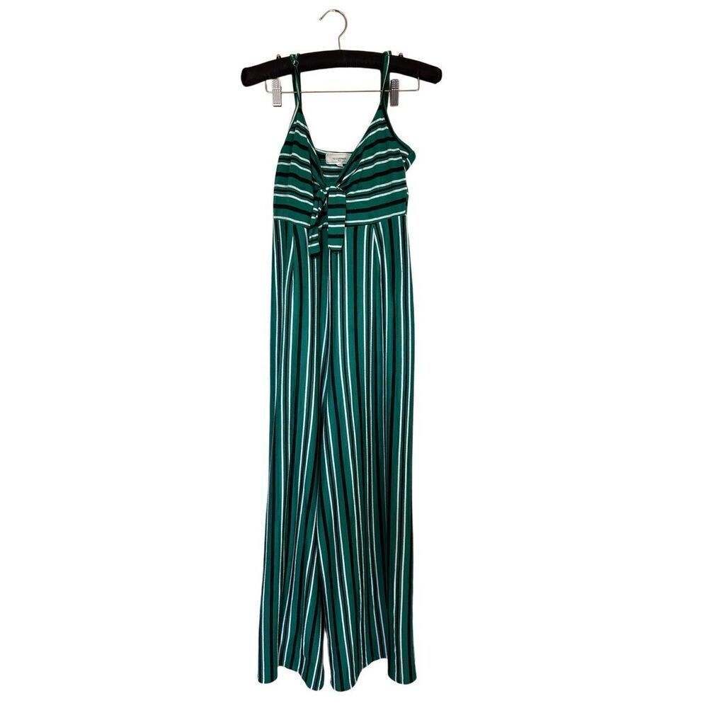 No Comment Jumpsuit Wide Leg Sleeveless Adjustable Striped Green, Black & White.